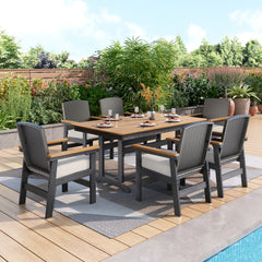 Tranquil 7-Pcs Outdoor Dining set with HDPE Rattan Chair and Wood-like Table
