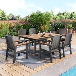 Tranquil 7-Pcs Outdoor Dining set with HDPE Rattan Chair and Wood-like Table