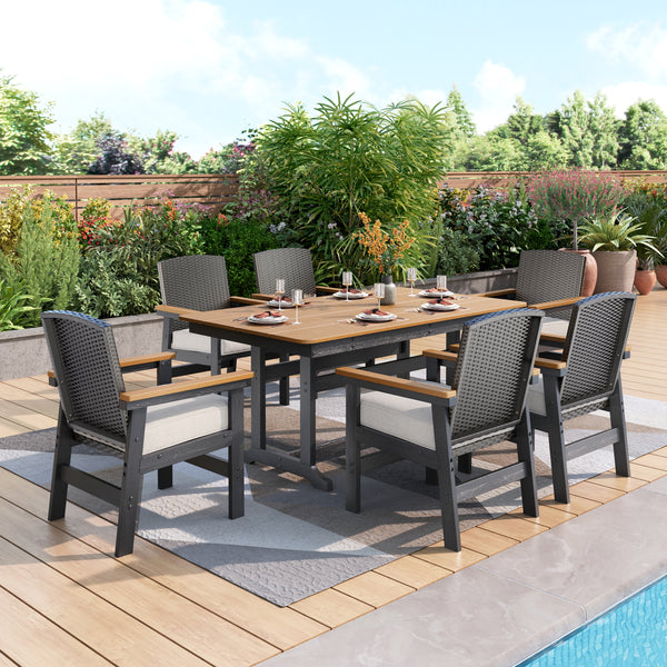 Tranquil 7-Pcs Outdoor Dining set with HDPE Rattan Chair and Wood-like Table