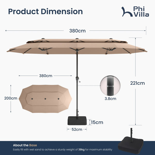 3.8m 2 Tier Double-Sided Patio Vented Umbrella with Base