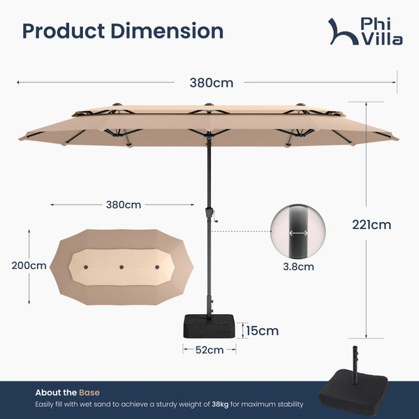 3.8m 2 Tier Double-Sided Patio Vented Umbrella with Base