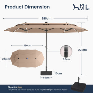 3.8m 2 Tier Double-Sided Patio Vented Umbrella with Base