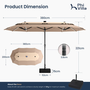 3.8m 2 Tier Double-Sided Patio Vented Umbrella with Base