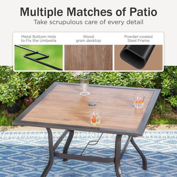 Wood-Look Outdoor Garden Dining Table Square Patio Table With Umbrella Hole