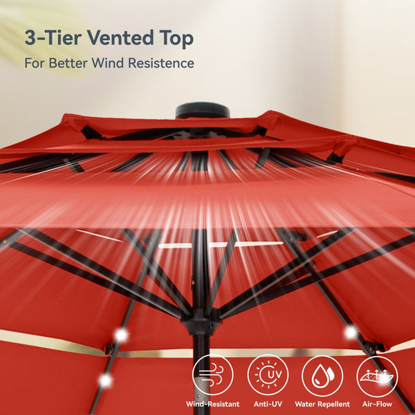 3m Solar 3 Tier Auto-tilt Patio Vented Umbrella with LED Lights