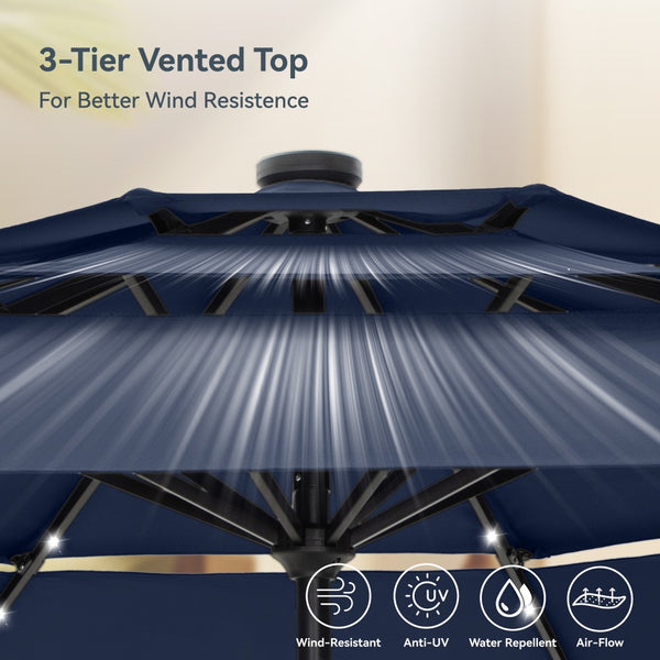 3m Solar 3 Tier Auto-tilt Patio Vented Umbrella with LED Lights