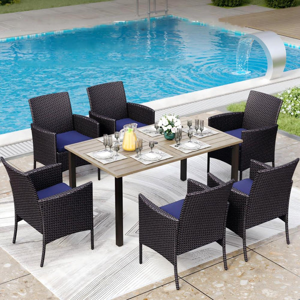 Garden Dining Set 6 Seater Teak-Grain Garden Table And Rattan Chairs