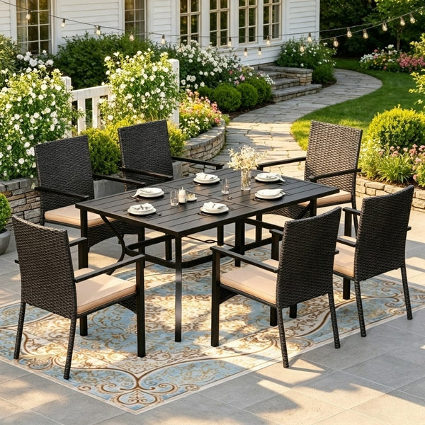 7-Piece Garden Dining Set with Metal Rectangular Slat Table and Wicker Rattan Chairs