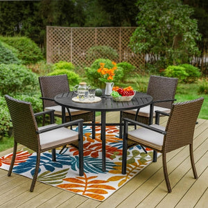 5-Piece Garden Dining Set with Round Table and Wicker Rattan Chairs