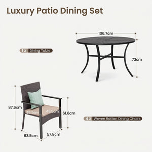 5-Piece Garden Dining Set with Round Table and Wicker Rattan Chairs