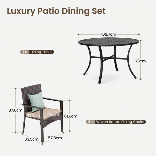 5-Piece Garden Dining Set with Round Table and Wicker Rattan Chairs