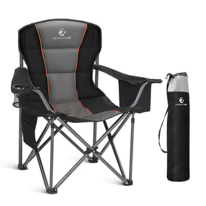 Reinforced padded folding camping chair with armrests and water-resistant hardwearing fabric