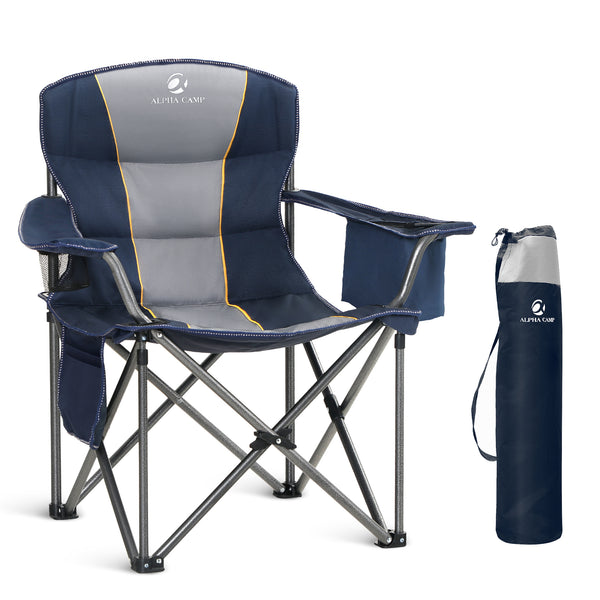 Reinforced padded folding camping chair with armrests and water-resistant hardwearing fabric