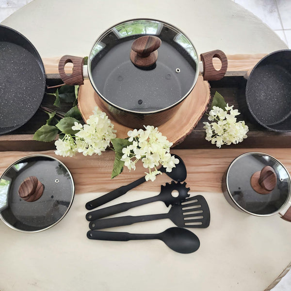 15 Pieces Induction Black Hammered Finish Nonstick Pots and Pans Set