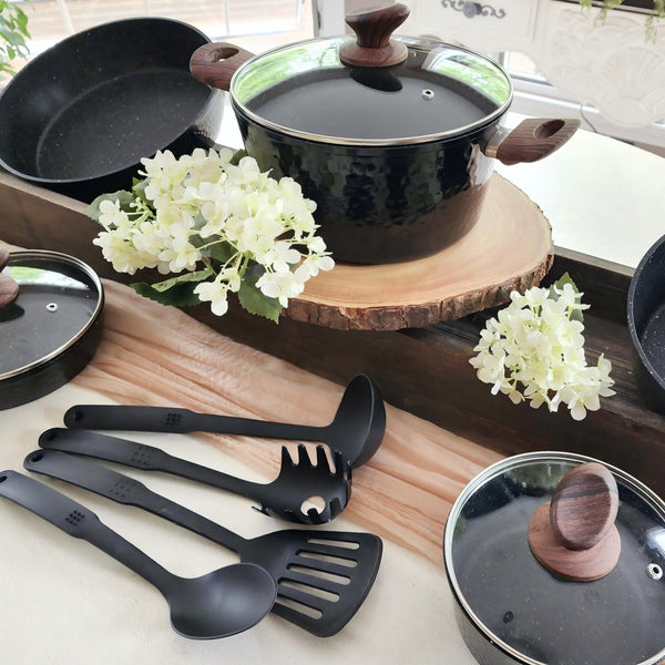 15 Pieces Induction Black Hammered Finish Nonstick Pots and Pans Set