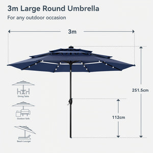 3m Solar 3 Tier Auto-tilt Patio Vented Umbrella with LED Lights