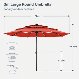 3m Solar 3 Tier Auto-tilt Patio Vented Umbrella with LED Lights