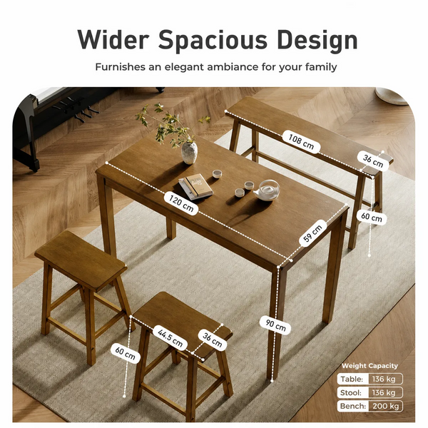 PHI VILLA Wood Counter Height Dining Set for 4 with Bench & 2 Chairs