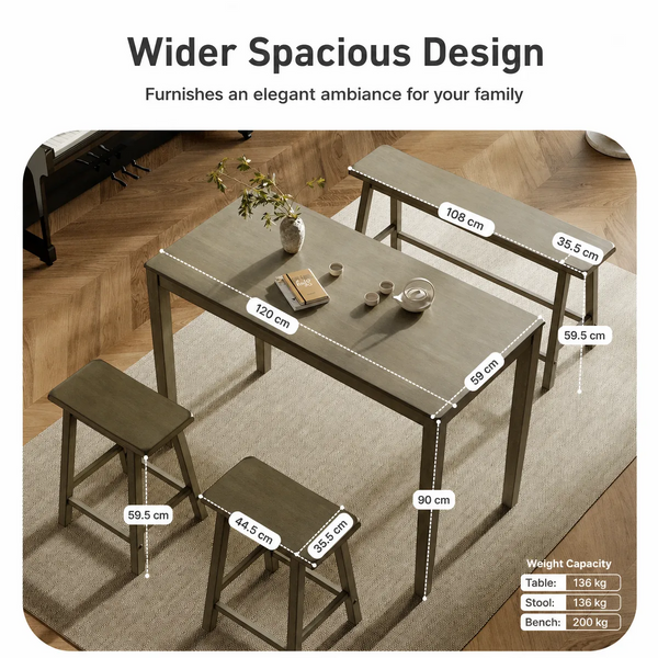 PHI VILLA Wood Counter Height Dining Set for 4 with Bench & 2 Chairs