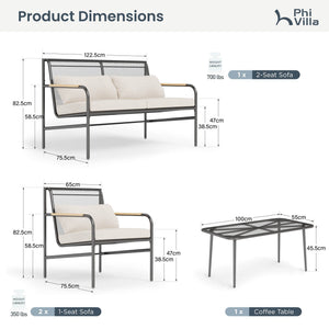 Metal Garden Sofa Set with Thick Cushions and Coffee Table
