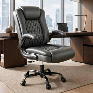 Diamond-Quilted PU Leather Office Chair with Flip-Up Armrests