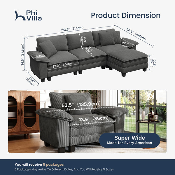4‑Seater Corner Sofa in Corduroy with Chaise