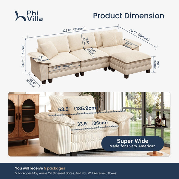4‑Seater Corner Sofa in Corduroy with Chaise