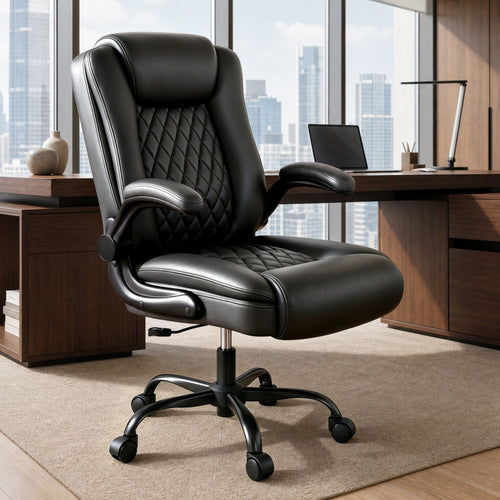 Diamond-Quilted PU Leather Office Chair with Flip-Up Armrests