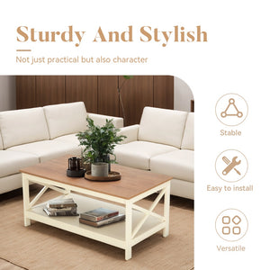 Farmhouse 2-Tier Storage Coffee Table with X-Frame Legs
