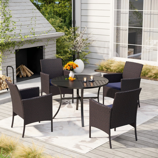 5-Piece Garden Dining Set with Round Table and Rattan Chairs