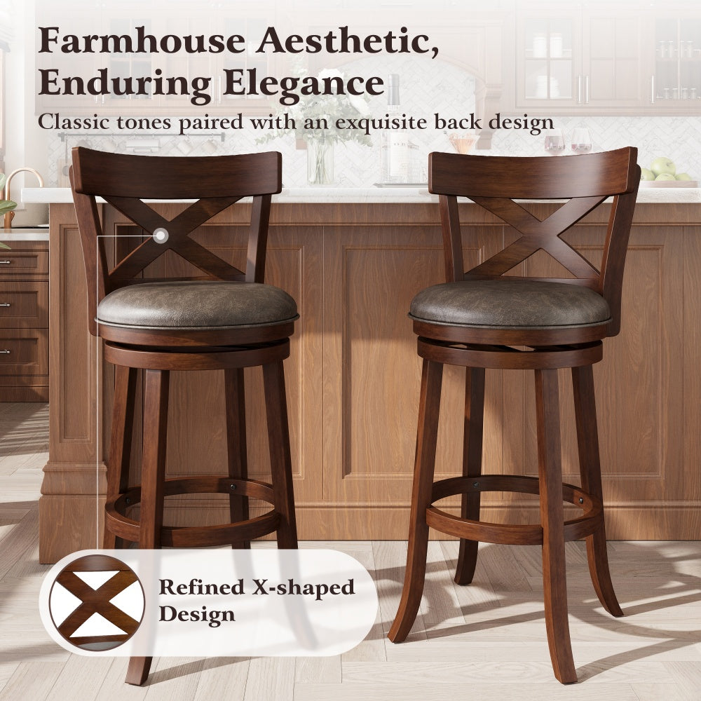 Solid wood swivel bar stools with cross back and padded upholstered seat, rustic kitchen breakfast bar seating