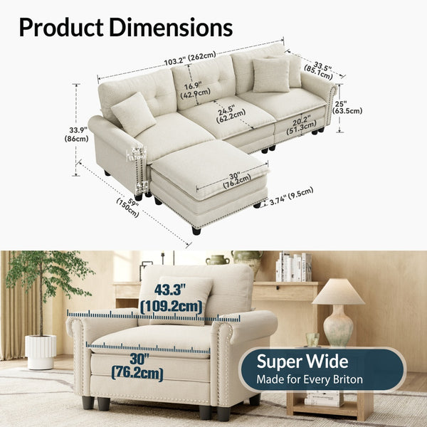 4‑Seater Charleston Corner Linen Effect Sofa with Ottoman