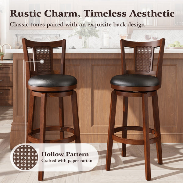 360° Swivel Solid Wood Bar Stool with Grid Back