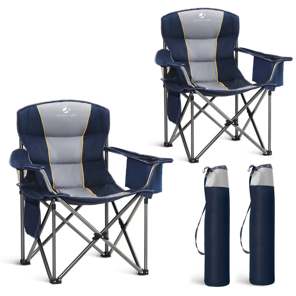 Reinforced padded folding camping chair with armrests and water-resistant hardwearing fabric