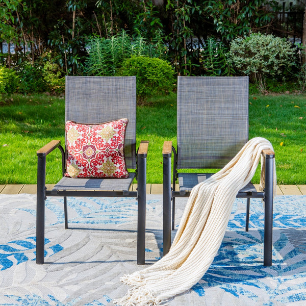 2-piece grey stackable high-back aluminium frame outdoor chairs for garden lawn space