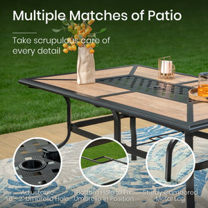 Geometric Wood-look Patio Dining Table with Umbrella Hole