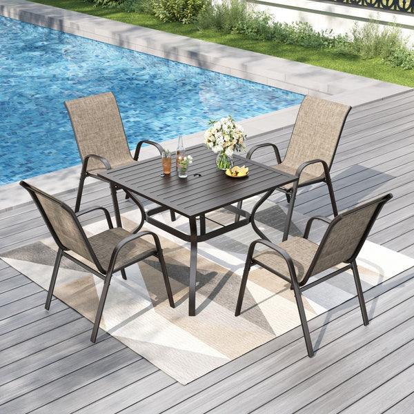 5-Piece Garden Dining Set with Textilene Stackable Chairs and Metal Square Table