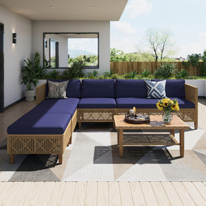 Boho Style Outdoor Wicker Conversation Sofa set with Acacia Wood Coffee Table