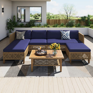 Boho Style Outdoor Wicker Conversation Sofa set with Acacia Wood Coffee Table