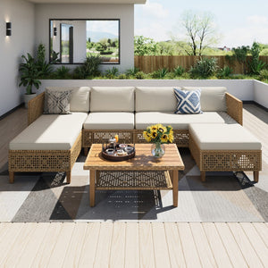Boho Style Outdoor Wicker Conversation Sofa set with Acacia Wood Coffee Table