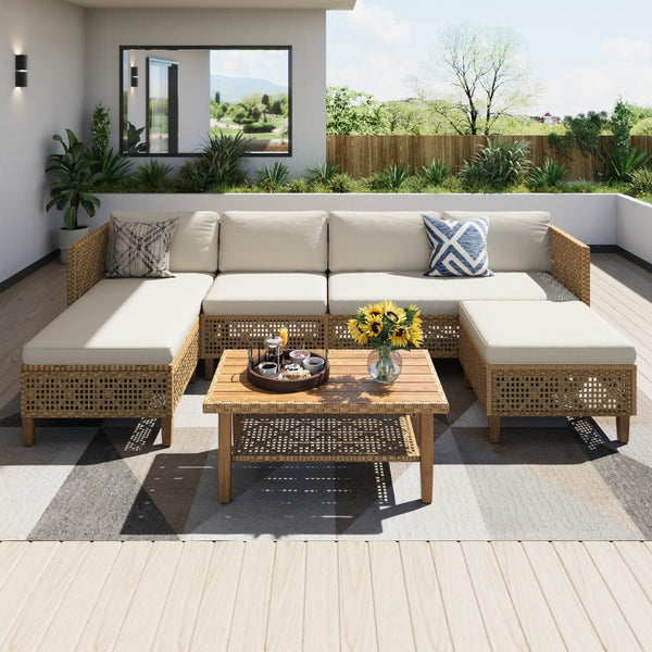 Boho Style Outdoor Wicker Conversation Sofa set with Acacia Wood Coffee Table