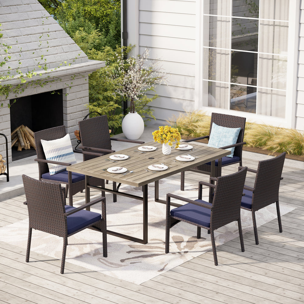 Garden Dining Set 6 Seater Teak-Grain Garden Table And Rattan Chairs