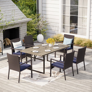 Garden Dining Set 6 Seater Teak-Grain Garden Table And Rattan Chairs