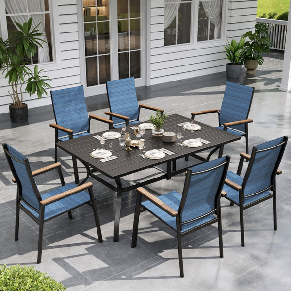 7-piece blue stackable high-back patio dining set for backyard outdoor space