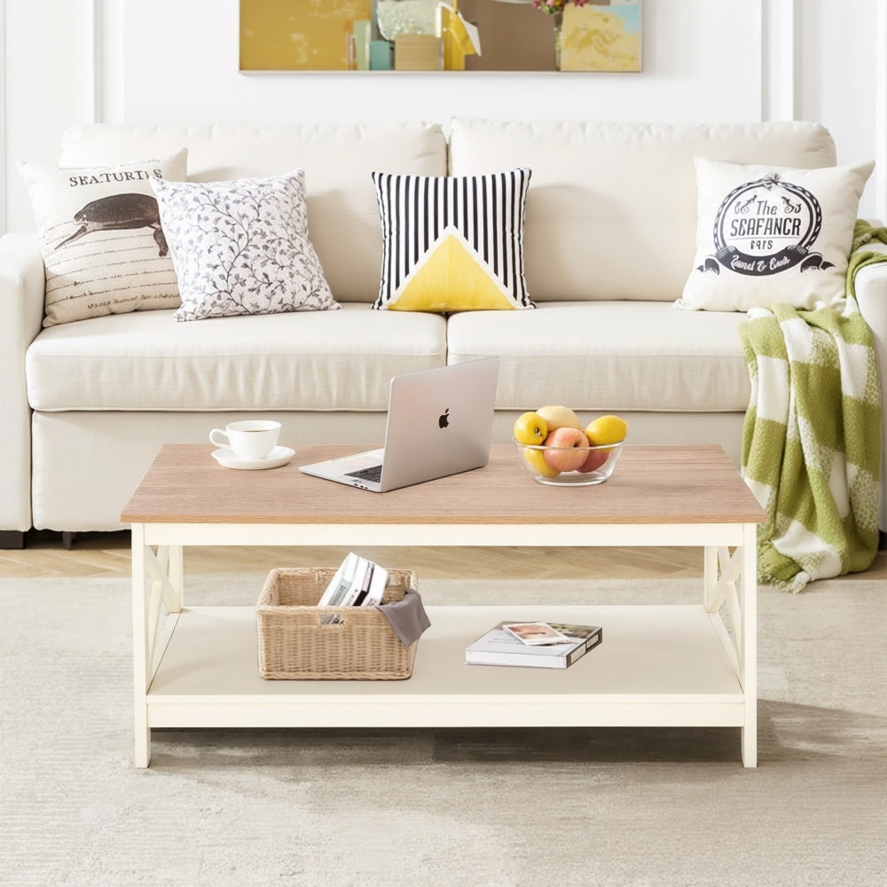 Farmhouse two-tone coffee table with X-frame legs
2-tier open storage for lounge home decor