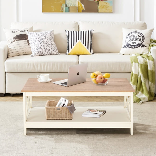 Farmhouse 2-Tier Storage Coffee Table with X-Frame Legs