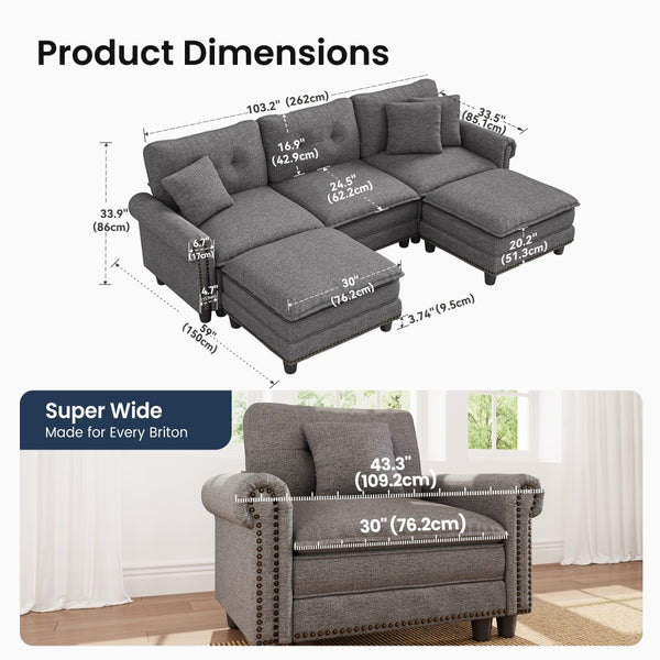 Charleston U-Shaped Linen Effect Sofa with Ottoman