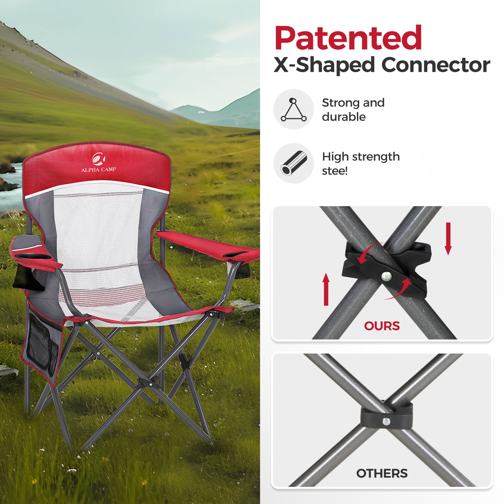 Breathable mesh folding camping chairs with robust steel frame and side storage pockets
