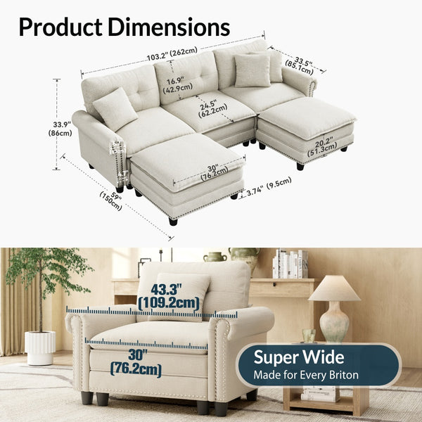 Charleston U-Shaped Linen Effect Sofa with Ottoman