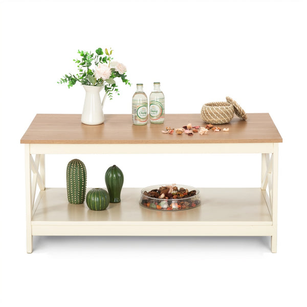 Farmhouse 2-Tier Storage Coffee Table with X-Frame Legs